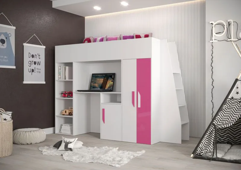 Hochbett / Kinderbett / Funktionsbett-Kombination mit Schreibtisch, Treppe und viel Stauraum Jura 26, Farbe: Weiß / Pink - Liegefläche: 90 x 200 cm
