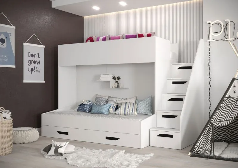 Etagenbett / Kinderbett / Funktionsbett-Kombination - mit Bettschublade und Treppe, Jura 42, Weiß / Schwarz - Liegefläche: 90 x 200 cm / 90 x 185 cm