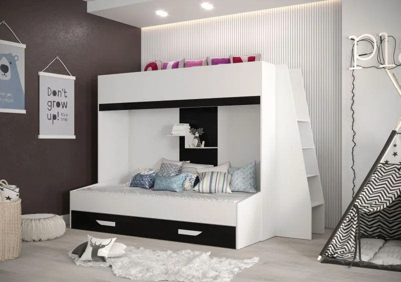 Etagenbett / Kinderbett / Funktionsbett-Kombination mit Treppe, Bettschublade und Wandregal, Jura 45, Weiß / Schwarz - Liegefläche: 90 x 200 cm / 90 x 185 cm