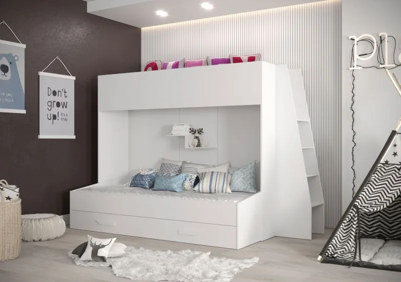 Etagenbett / Kinderbett / Funktionsbett-Kombination mit Treppe, Bettschublade und Wandregal, Jura 47, Weiß - Liegefläche: 90 x 200 cm / 90 x 185 cm