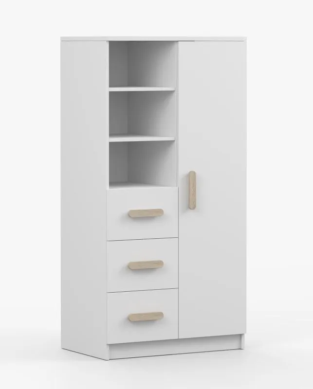 80 cm breites Bücherregal | Weiß | Smolikas 47 | 159 x 80 x 40 cm | 3 Schubladen | braune Holzgriffe | 7 Fächer | Kinder | Jugend
