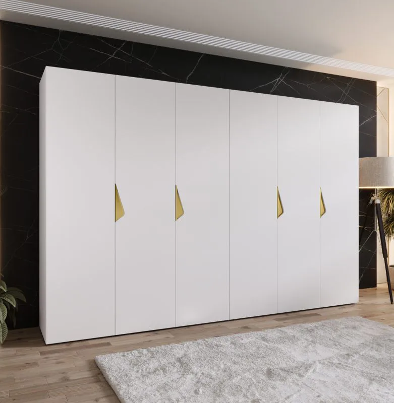 Drehtürenschrank / Kleiderschrank | Farbe: Weiß | 3 Meter breit | 6-Türig | Griffe: Gold | 4 Fächer | Maße: 300 x 52 x 202 cm | 4 Kleiderstangen