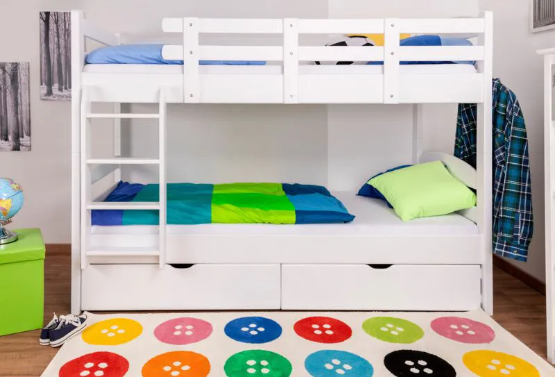 Jugendstockbett inkl. Stauraum (2 Schubladen) | 90 x 200 cm | Massivholz: Buche | Weiß Lackiert | umbaubar in 2 Einzelbetten | Premium-Qualität | inkl. Rollroste Abbildung