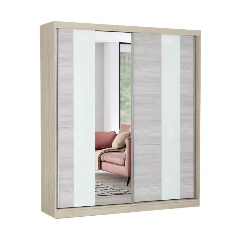 Schiebetürenschrank / Kleiderschrank mit Spiegel Grau-Weiß / Artisan | Gorski 11 | 218 x 183 x 61 cm | 2 Türen | 6 Fächer | ausreichend Stauraum