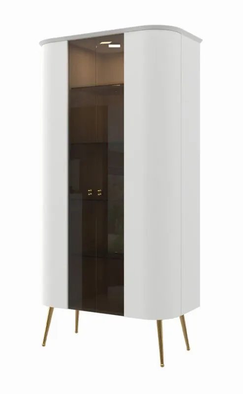 Vitrine | Weiß matt | 91 x 47 x 179 cm | Palauli 02 | Glasschrank | Soft Close System | LED-Beleuchtung | Türen aus Parsolglas | Metallbeine und -griffe in Gold