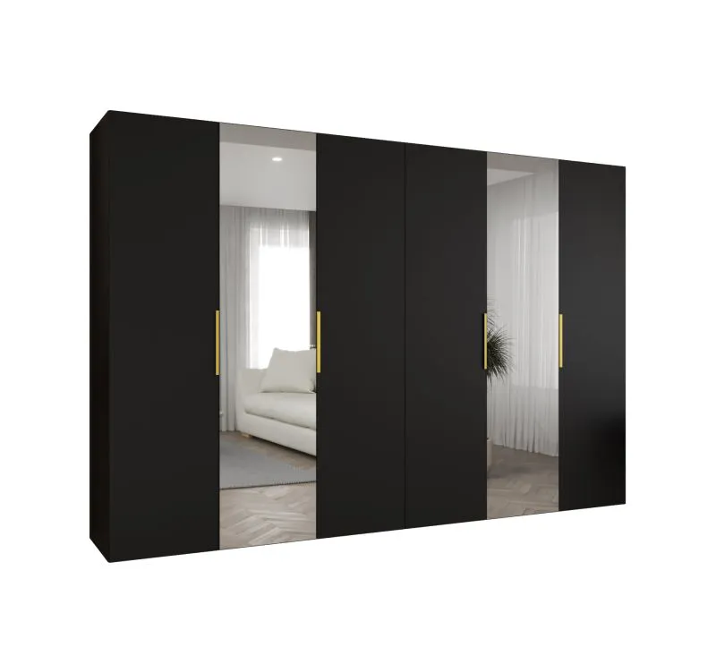 Drehtürenschrank mit 3 Meter breite Korab 107, Farbe: Schwarz, Soft-Close-Funktion, zwei Spiegeltüren, vier Kleiderstangen, Griffe: Gold, vier Fächer