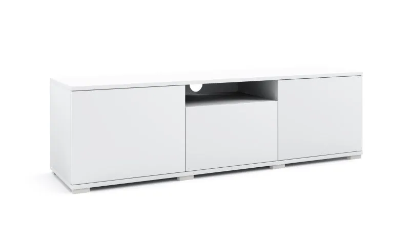 TV-Unterschrank / TV-Möbel mit Push-to-open Funktion Zapopan 107, Farbe: Weiß, Maße: 42 x 150 x 40 cm, drei Türen, vier Fächer, für Wohnzimmer