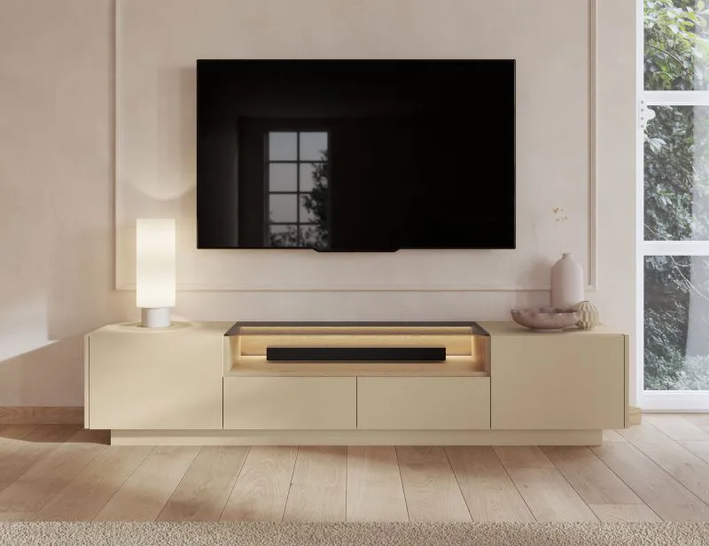 TV-Unterschrank | Farbe: Kakao / Eiche Cremona | 2 Drehtüren | inkl. LED-Beleuchtung | 3 Fächer | 203 x 40 x 43 cm | Push-to-open Funktion | TV-Board | 2 Schubladen