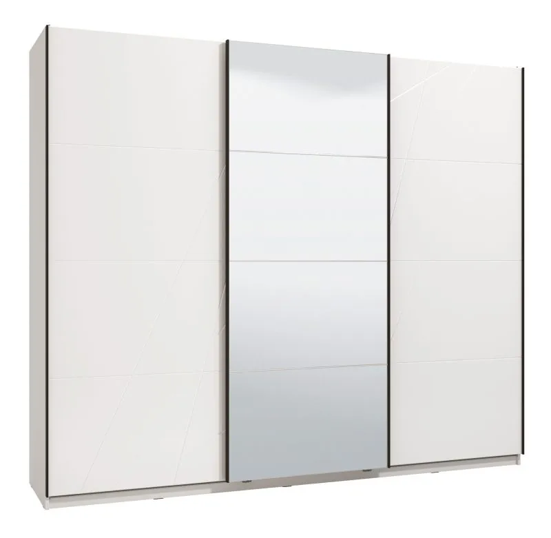 Kleiderschrank / Schwebetürenschrank Bogati 04, Farbe: Weiß / Weiß Hochglanz, eine Spiegeltür, zwei Kleiderstangen, Maße: 224 x 262,5 x 65,5 cm