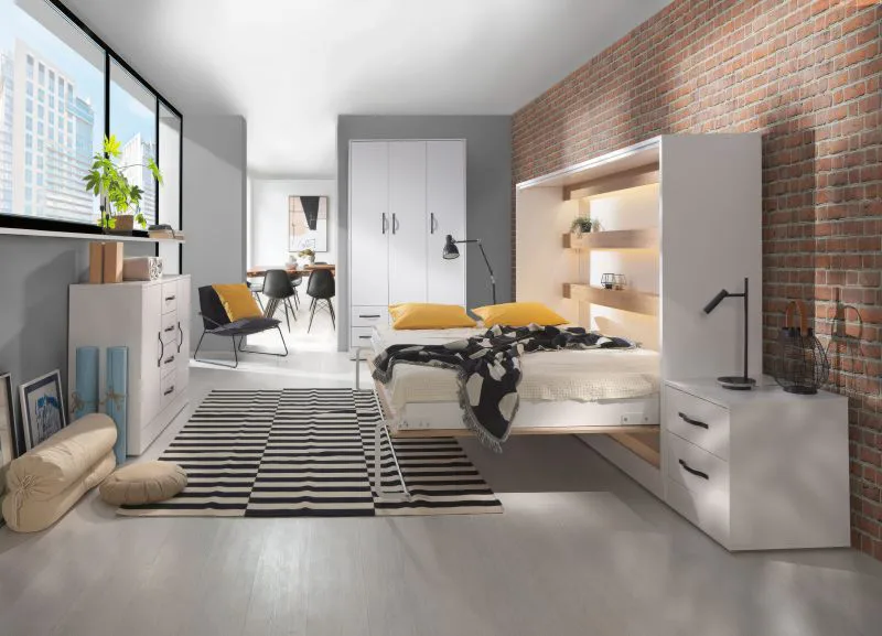 Schlafzimmer Komplett - Set F Nalut | 5-teilig | in Weiß mit schwarzen Metallgriffen | Schrankbett 140 x 200 cm mit LED-Beleuchtung | Nachtkommode | Kleiderschrank | Kommode