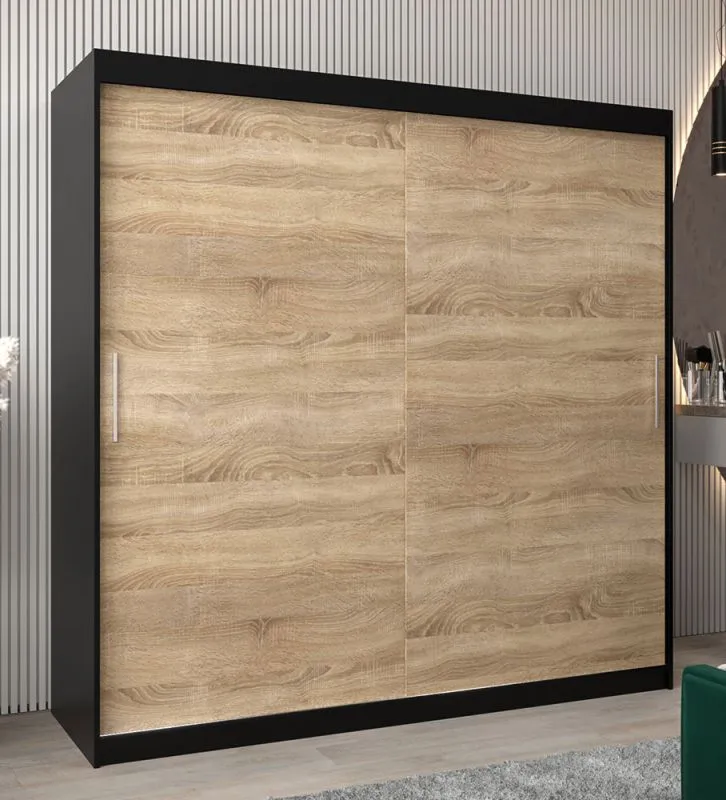 200 cm breiter Schiebetürenschrank mit 2 Türen | 10 Fächer | 2 Kleiderstangen | Farbe: Schwarz Abbildung