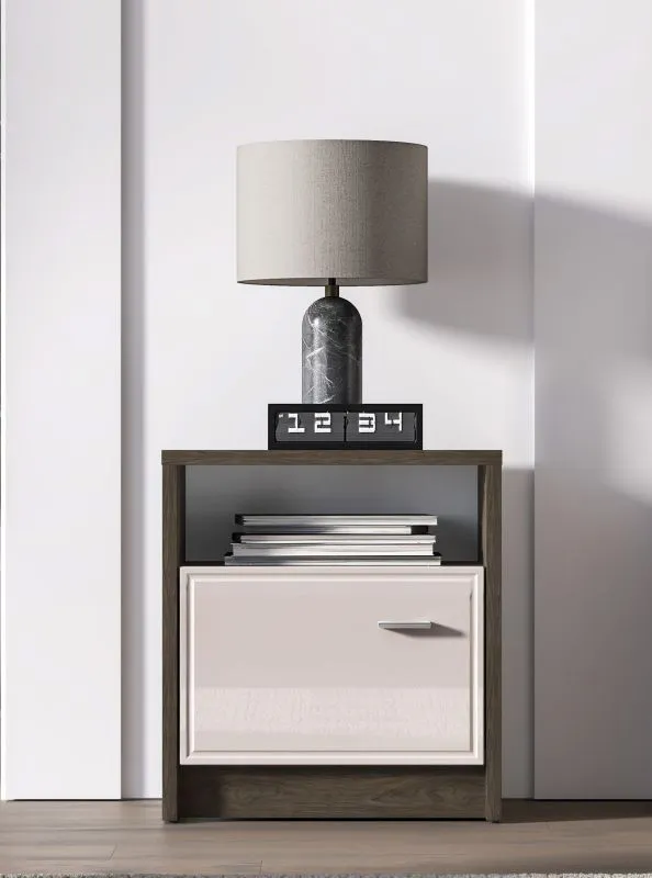 Nachtkommode / Nachttisch Mackenzie 08 | Farbe: Eiche Dunin / Kaschmir Hochglanz | Griffe: Metall | 1 Tür | Maße: 92 x 40 x 78 cm | Soft-Close | ABS-Kanten