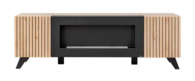 TV-Unterschrank Nordkapp 05, Farbe: Hickory Jackson / Schwarz - Abmessungen: 52 x 160 x 45 cm (H x B x T), mit zwei Fächern und einen Schwarzen Biokamin