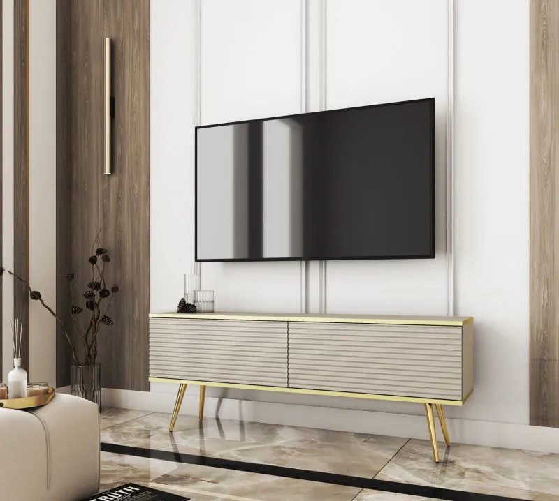Moderner TV-Schrank / TV-Möbel mit geriffelter Front Horsham 39, Farbe: Beige, zwei Kippfächer, Beine: Gold, hängend montierbar, Push-to-open Funktion