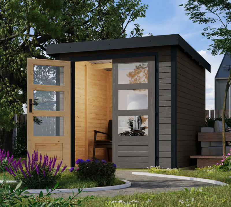 Gartenhaus aus Holz, nordischer Fichte, terragrau / anthrazit Trapezblech-Pultdach, stahlverstärkte Ecken Zylinderschloss, wasserabweisend 2,09×2,13 m