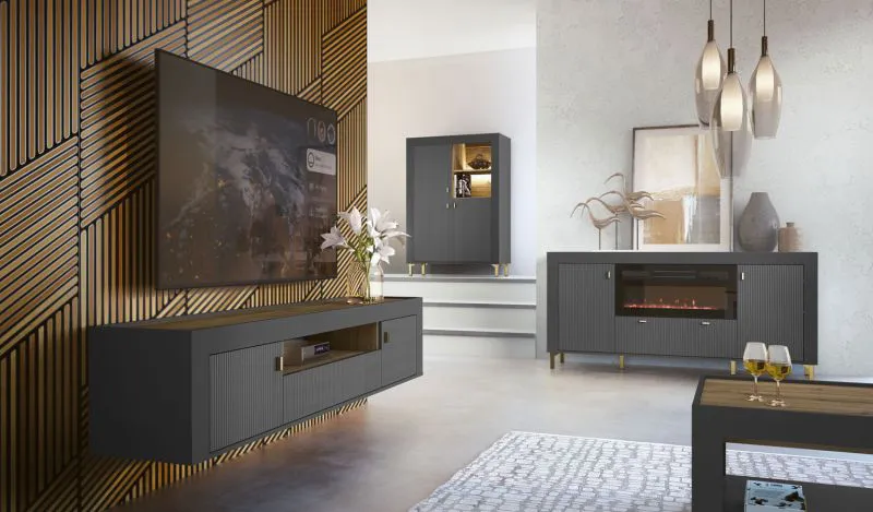 Stabiles Wohnzimmer Komplett - Set P Barbe, ABS-Kantenschutz, 5-teilig, Farbe: Schwarz matt, mit Elektro-Kamin, schlichtes Design