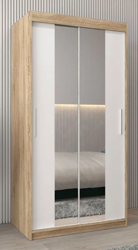 Schiebetürenschrank / Kleiderschrank Bisaurin 1B mit Spiegel, Farbe: Eiche Sonoma / Weiß matt - Abmessungen: 200 x 100 x 62 cm ( H x B x T)