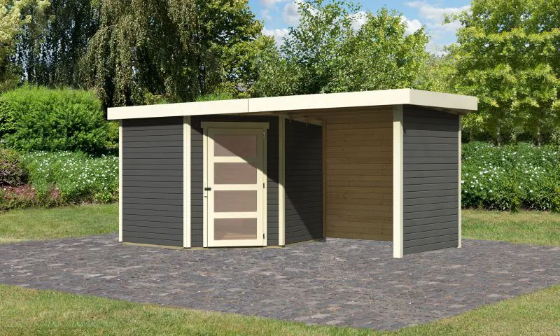 Gartenhaus SET AKTION terragrau mit Anbaudach 2,4 m Breite, Seiten- und Rückwand, Grundfläche: 5,76m²