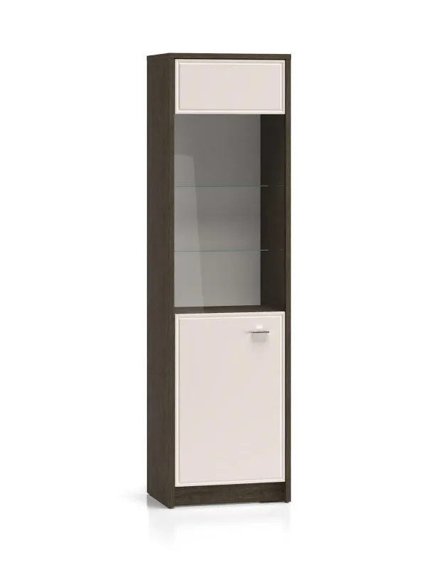 Vitrine Mackenzie 02 | Farbe: Eiche Dunin / Kaschmir Hochglanz | Maße: 55 x 40 x 195 cm | 2 Türen | Griffe: Metall | Soft-Close | ABS-Kanten