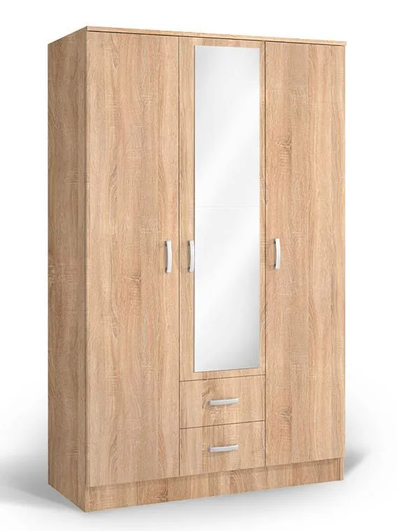 Kleiderschrank | 3 Drehtüren | 2 Schublade | 6 Fächer | mit Kleiderstange | 123 cm breit | Farbe: Braun Abbildung