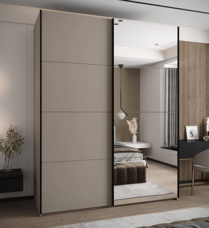 Kleiderschrank / Schiebetürenschrank | 245,5 x 200 x 64 cm | Soft-Close | Spiegel | 2 Kleiderstange | 2 Schiebetüren | Farbe: Kaschmir | 11 Fächer