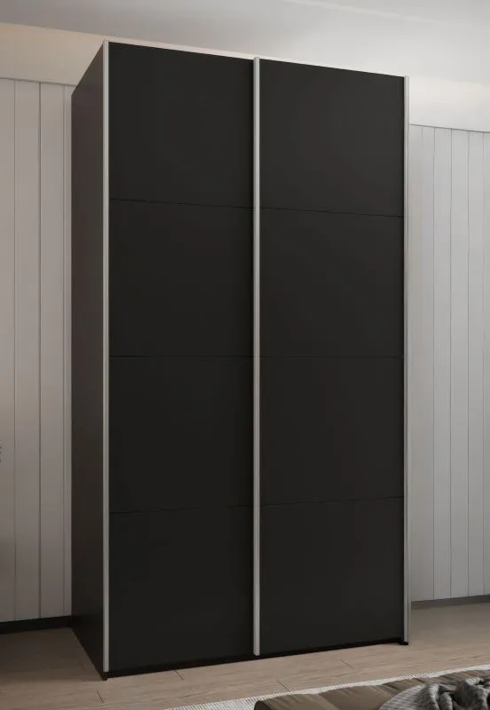 Kleiderschrank / Schiebetürenschrank | 2 Kleiderstangen | 2 Schiebetüren | 6 Fächer | 6 Einlegeböden | Soft-Close | Farbe: Schwarz | Soft-Close