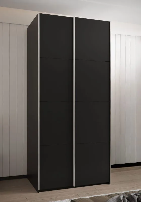 Kleiderschrank / Schiebetürenschrank | ABS-Kantenschutz | 2 Kleiderstangen | 6 Fächer | 2 Schiebetüren | 245,5 x 110 x 64 cm | Farbe: Schwarz | Soft-Close