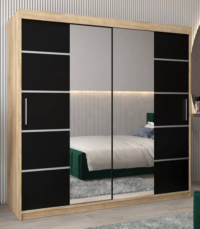 Schiebetürenschrank / Kleiderschrank Jan 05D mit Spiegel, Farbe: Eiche Sonoma / Schwarz - Abmessungen: 200 x 200 x 62 cm (H x B x T)