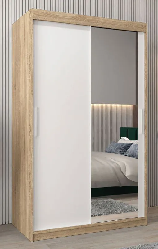 120 cm breiter Schiebetürenschrank mit 2 Türen | 5 Fächer | 2 Kleiderstangen | Farbe: Sonoma Eiche / Weiß Abbildung