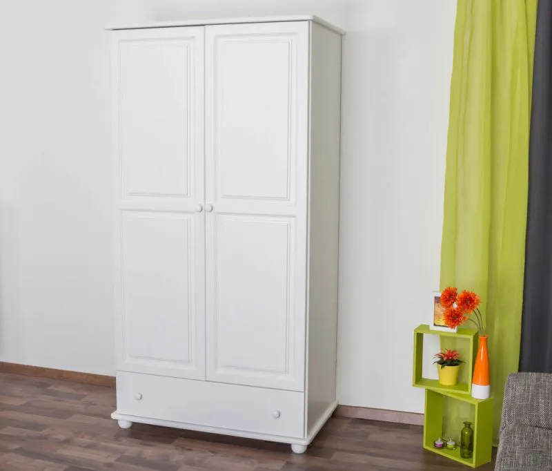 Kleiderschrank | 2 Drehtüren | 1 Schublade | 1 Fach | mit Kleiderstange | 102 cm breit | Massivholz | Farbe: Weiß Abbildung