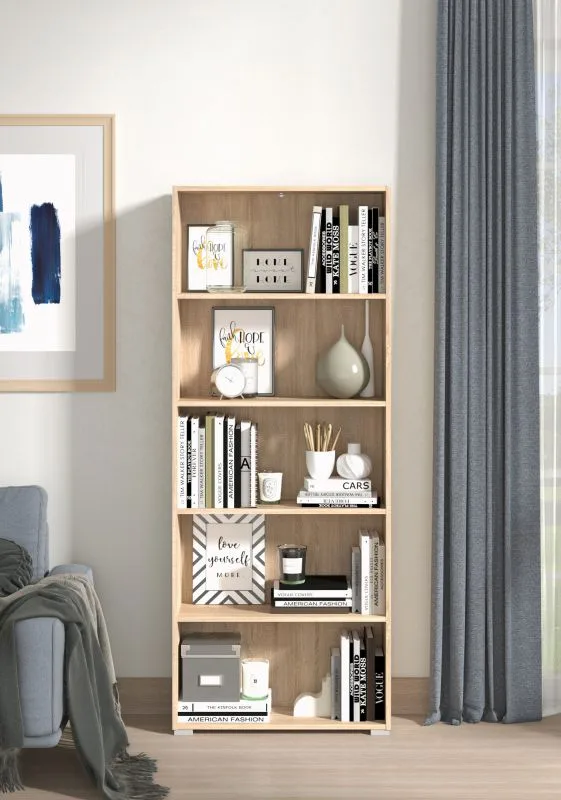 Regal Knide 12, Farbe: Eiche Sonoma, fünf Fächer, ABS-Kanten, für Wohnzimmer, Maße: 176,5 x 70 x 24,5 cm, funktional und praktisch