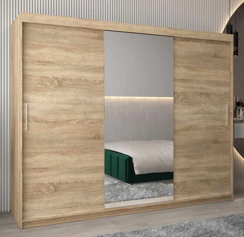 Schiebetürenschrank / Kleiderschrank Bisaurin 6B mit Spiegel, Farbe: Eiche Sonoma - Abmessungen: 200 x 250 x 62 cm ( H x B x T)