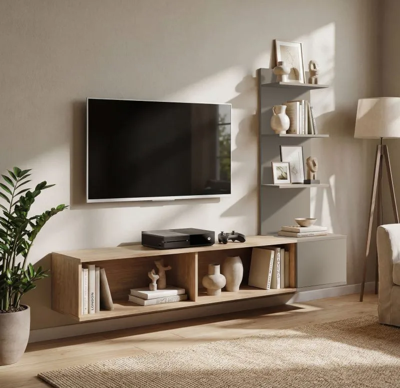 Wohnwand | Farbe: Eiche Cremona / Clay Grau | geriffelte Front | Push-to-open Funktion | hochwertig Verarbeitet | 148 x 35 x 160 cm | schlichtes Design | für Wohnzimmer