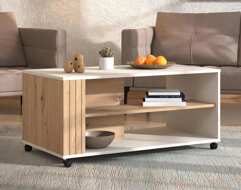 Rollender Couchtisch / Kaffeetisch Venac 01, Farbe: Eiche Artisan / Kaschmir, ABS, MDF, Maße: 46 x 101 x 54,5 cm, eine Ablagefläche, praktisch und stylisch