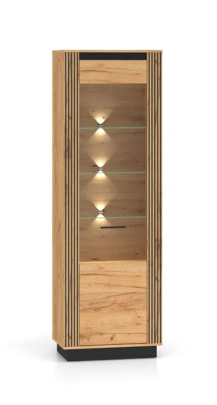 Vitrine mit schmalen Griff Dagali 04, Farbe: Eiche / Schwarz, Soft-Close-System, 6 Fächer, ABS-Kantenschutz, 3 Glaseinlegeböden, Maße: 200 x 65 x 40 cm