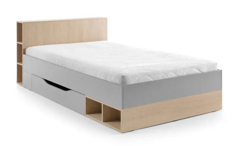 Einzelbett mit Schublade in Eiche / Grau, modernes Jugendbett, Liegefläche 120 x 200 cm, ABS-Kanten, spiegelverkehrt montierbar, Kopfteil mit 6 Fächern