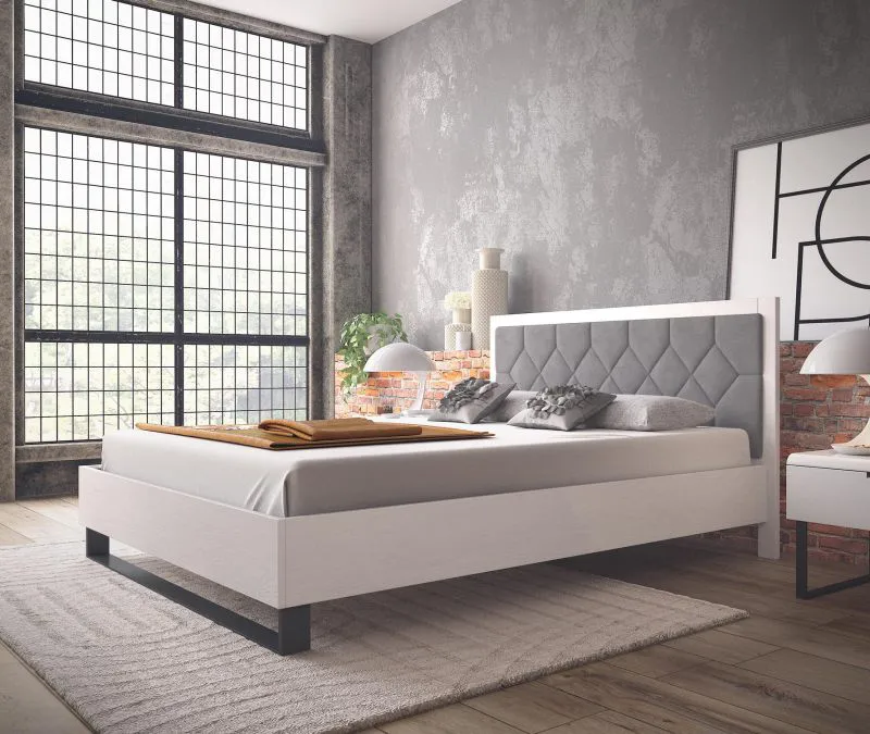 Doppelbett | Kiefer massiv | 160 x 200 cm | Farbe: Weiß / Grau | weich gepolsterte Kopfstütze | inkl. Lattenrost | Metallfuß | Gästebett