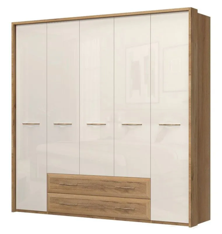 227 cm breiter Kleiderschrank mit 5 Türen, 8 Fächern und 2 Schubladen | Farbe: Beige | Tiefe: 56 cm Abbildung