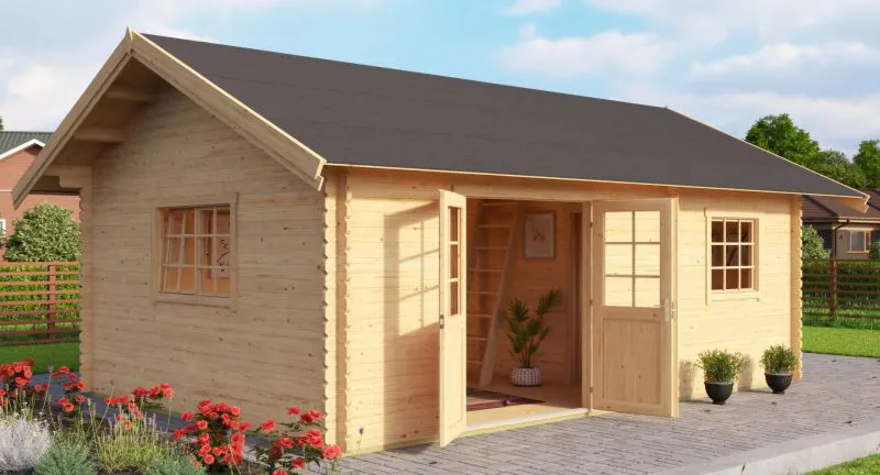 Gartenhaus G292 Natur inkl. Fußboden - 44 mm Blockbohlenhaus, Grundfläche: 22,42 m², Satteldach