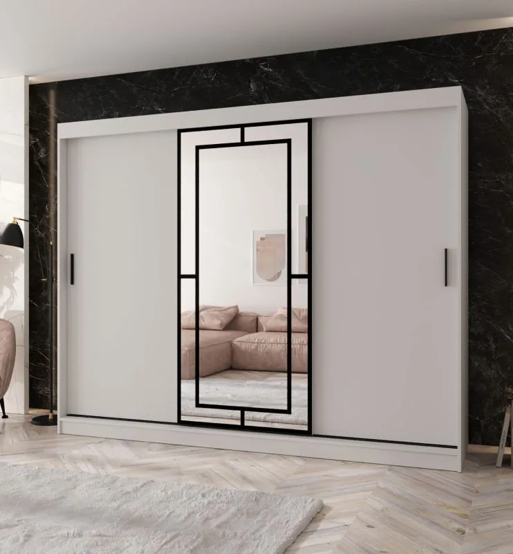 Kleiderschrank / Schiebetürenschrank | Weiß Matt | 10 Fächer | 2 Kleiderstangen | hochwertig Verarbeitet | 250 x 62 x 200 cm | dekorative Spiegeltür