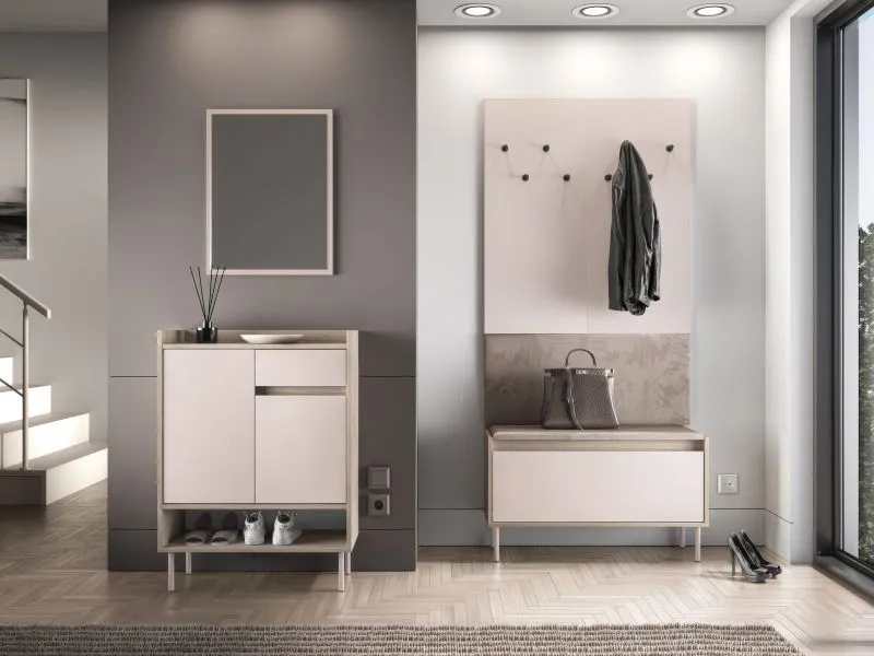 Garderobe Komplett Set | Farbe: Eiche Cremona / Kaschmir | Soft-Close | inkl. Samtpolster | Kommode | Spiegel | Schuhschrank | Garderobe mit acht Haken
