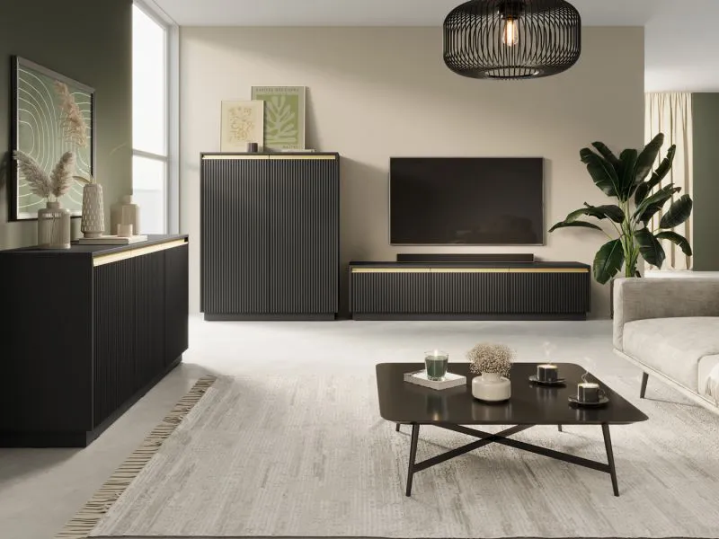 Wohnzimmer - Set A Finghall, 3-teilig, Farbe: Schwarz, Soft-Close-Funktion, ABS-Kantenschutz, ein TV-Unterschrank, ein Highboard und ein Sideboard