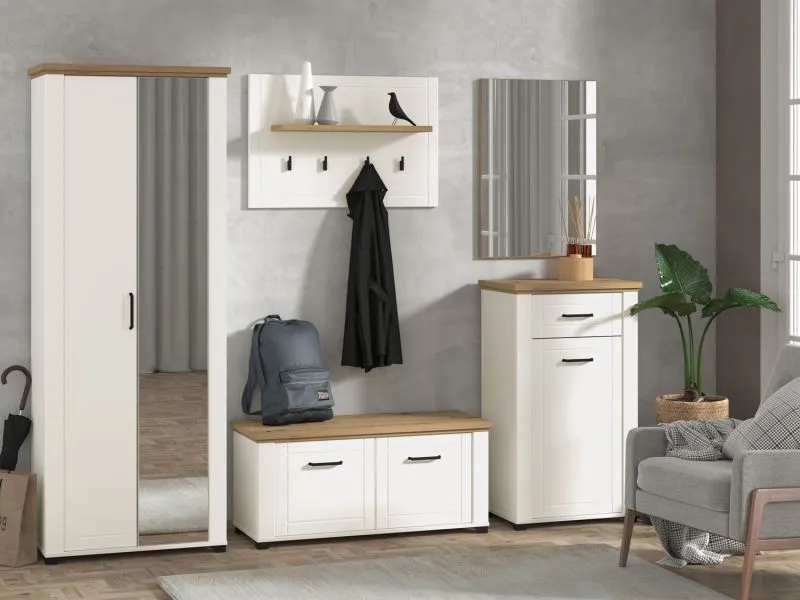 Helle Garderobe - Set C Banat, 5-teilig, Farbe: Weiß Matt / Eiche Artisan, ein Garderobenschrank, ein Spiegel, eine Kommode, ein Schuhschrank und eine Garderobe mit vier Haken