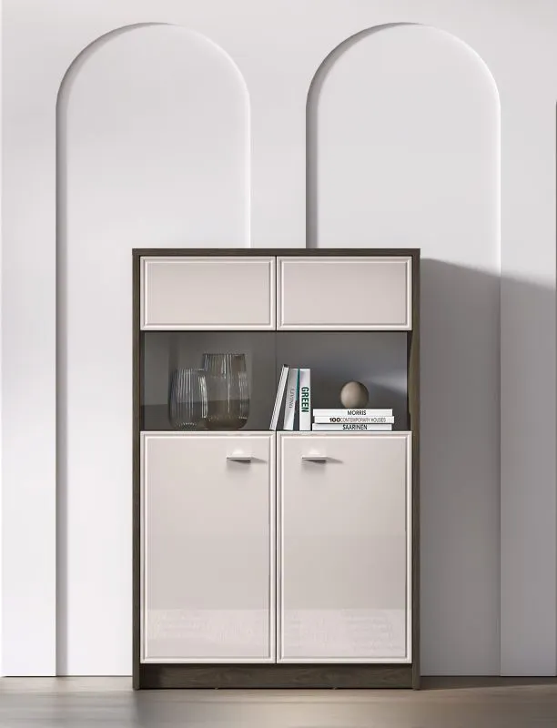 Vitrine Mackenzie 03 | Griffe: Metall | Farbe: Eiche Dunin / Kaschmir Hochglanz | 2 Türen | Maße: 92 x 40 x 141 cm | Soft-Close Funktion | ABS-Kanten