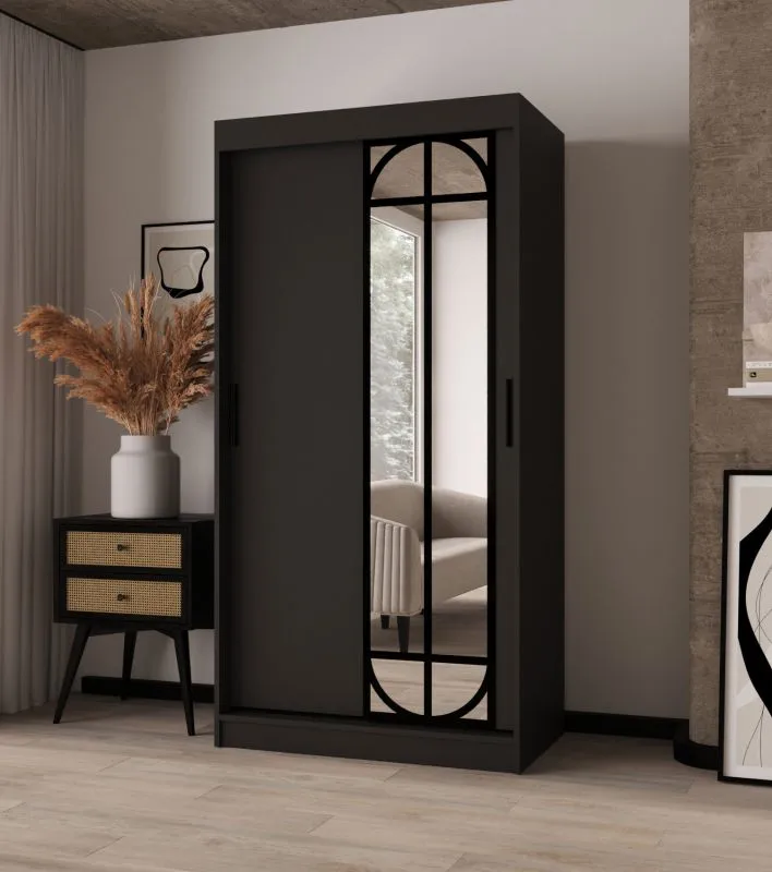 Kleiderschrank | Schwarz Matt | 2 Kleiderstangen | 5 Fächer | 100 x 62 x 200 cm | dekorative Spiegeltür | Schiebetürenschrank | Moderne Details