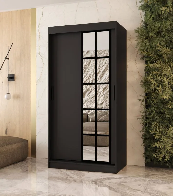 Kleiderschrank | Schwarz Matt | 5 Fächer | 2 Kleiderstangen | hochwertig Verarbeitet | schmal | 100 x 62 x 200 cm | Schiebetürenschrank | dekorative Spiegeltür