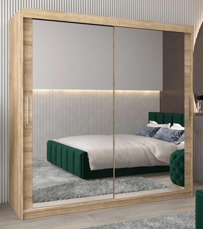 200 cm breiter Schiebetürenschrank mit 2 Türen | 10 Fächer | 2 Kleiderstangen | Farbe: Sonoma Eiche Abbildung