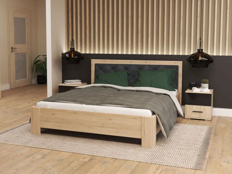 Doppelbett | Eiche / Schwarz Hochglanz | Troodos 01 | Liegefläche: 160 x 200 cm | inkl. Lattenrost | kratz- und feuchtigkeitsbeständige Platte