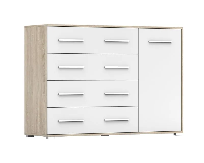 Sideboard / Kommode | Comarca 43 | Eiche / Weiß | 3 Fächer | 4 Schubladen | 1 Türe | 96 x 135 x 45 cm | Zweifarbig | klassisches Design | eckig