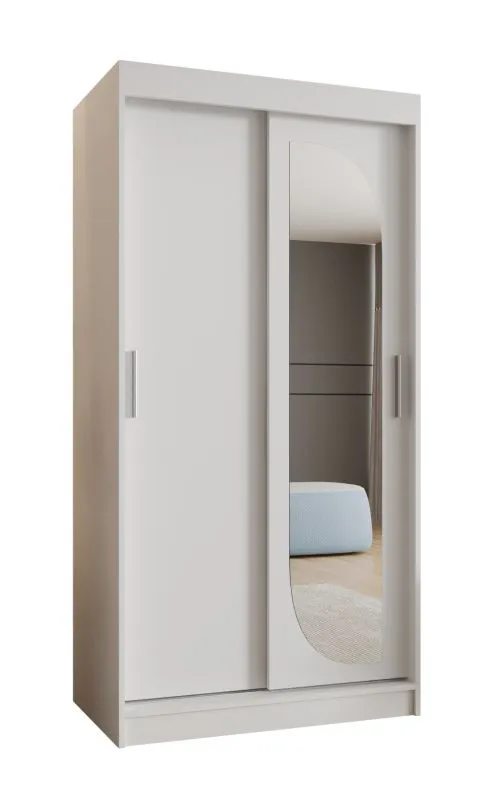 Kleiderschrank mit fünf Fächer Signalkuppe 02, Farbe: Weiß, 1 Meter breit, eine Spiegeltür, zwei Kleiderstangen, Schiebetürenschrank